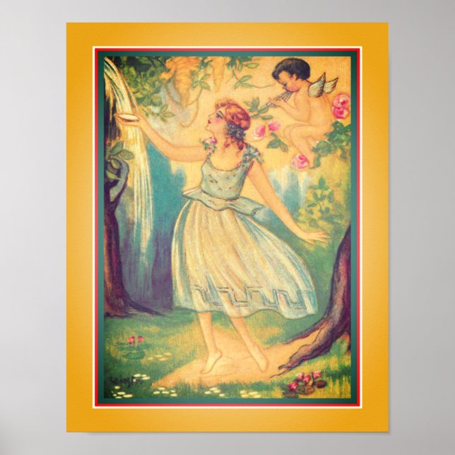 Art Deco "Girl & Cupid at Waterfall" Poster (Front)