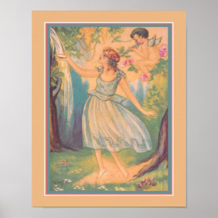 Art Deco "Girl & Cupid at Waterfall" Poster
