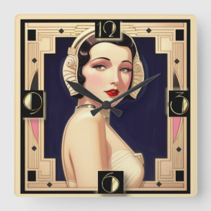 Art Deco girl Square Wall Clock
