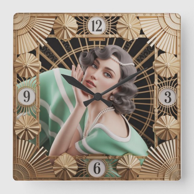 Art Deco Girl Square Wall Clock (Front)