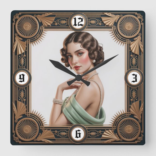 Art Deco Girl Square Wall Clock (Front)