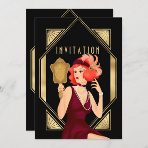 Art Deco Glam Girl 21st Birthday Gold Black Invitation