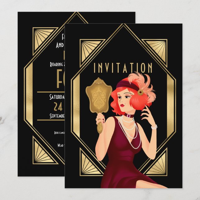 Art Deco Glam Girl 40th Birthday Gold Black Invitation (Front/Back)