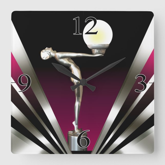Art Deco Glam Nouveau | raspberry Square Wall Clock (Front)