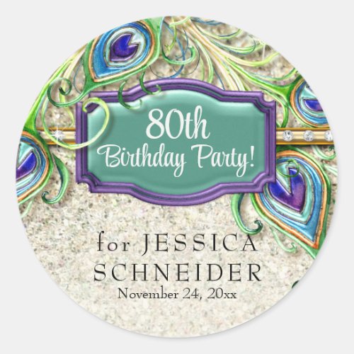 Art Deco Glam Peacock Feather Any Birthday Party  Classic Round Sticker