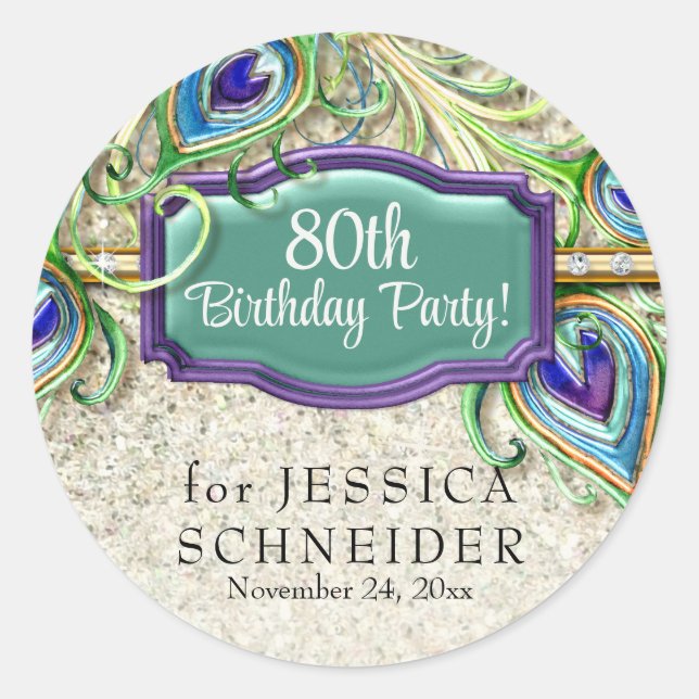 Art Deco Glam Peacock Feather Any Birthday Party  Classic Round Sticker (Front)