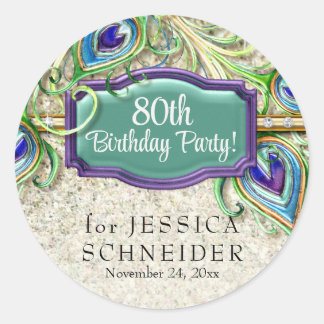 Art Deco Glam Peacock Feather Any Birthday Party Classic Round Sticker
