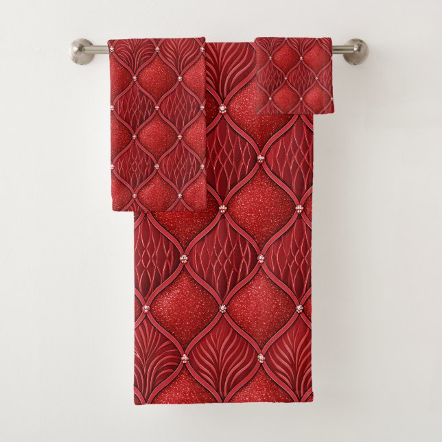 Art Deco Glam Red Valentines Pattern Bath Towel Set (Insitu)