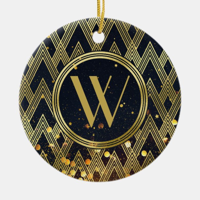 Art Deco Glamorous Geometric Pattern Monogram Ceramic Ornament (Front)