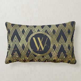 Art Deco Glamorous Geometric Pattern Monogram Lumbar Pillow