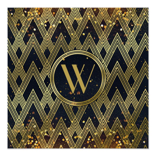 Art Deco Glamorous Geometric Pattern Monogram Poster (Front)
