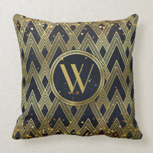 Art Deco Glamorous Geometric Pattern Monogram Throw Pillow