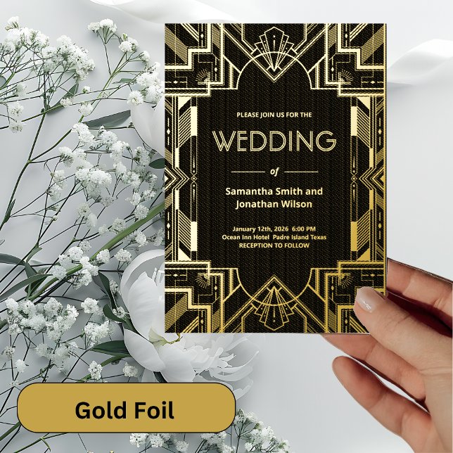 Art Deco Glamorous Gold on Black Foil Wedding Foil Invitation (Creator Uploaded)