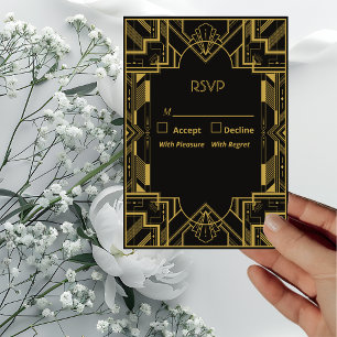 Art Deco Glamorous Gold on Black Wedding RSVP Card