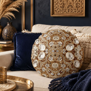 Art Deco Glamorous Vintage Fashion Beige Gold Round Pillow