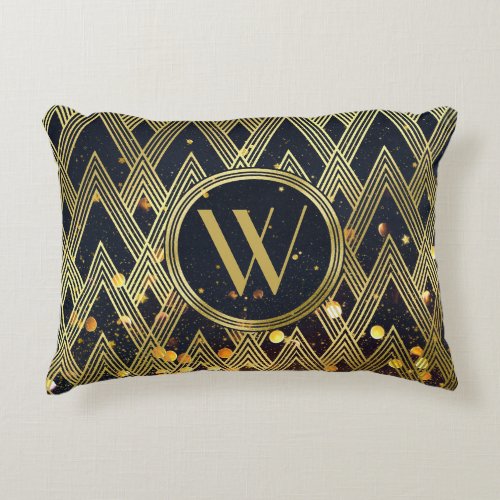 Art Deco Glamour Geometric Pattern Monogram Accent Pillow