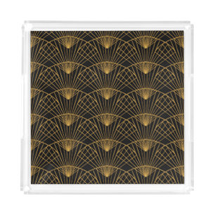 Art Deco Glamour: Golden Fan. Acrylic Tray