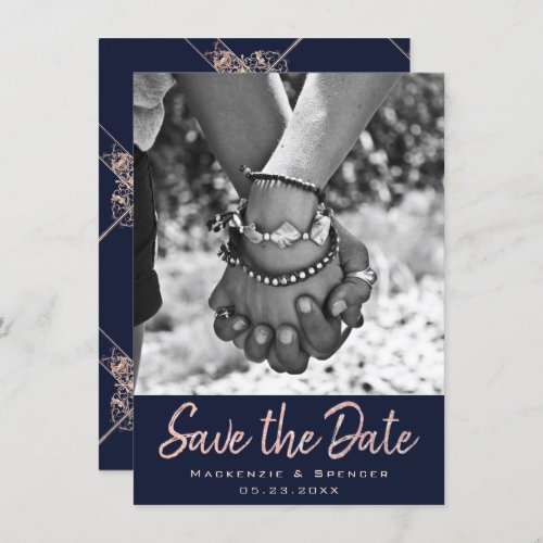 Art Deco Glamour  Navy Blue Rose Gold Blush Photo Save The Date