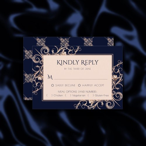 Art Deco Glamour  Navy Blue Rose Gold Meal Option RSVP Card