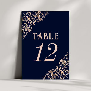 Art Deco Glamour   Navy Blue Rose Gold Ornamental Table Number