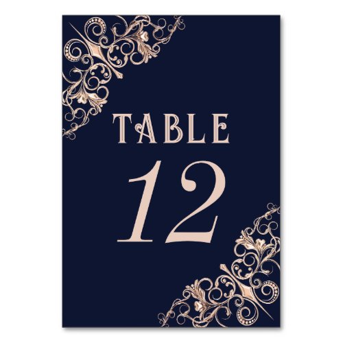 Art Deco Glamour  Navy Blue Rose Gold Ornamental Table Number