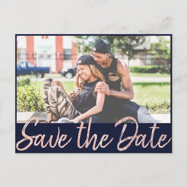 Art Deco Glamour | Navy Blue Rose Gold Photo Announcement Postcard (Front)