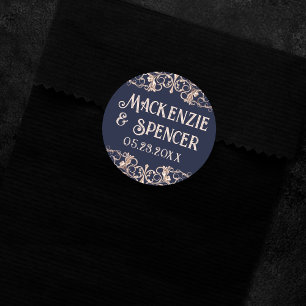 Art Deco Glamour Navy Blue Rose Gold Wedding Classic Round Sticker