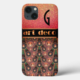 Art deco glitter look peach green black iPhone 13 case