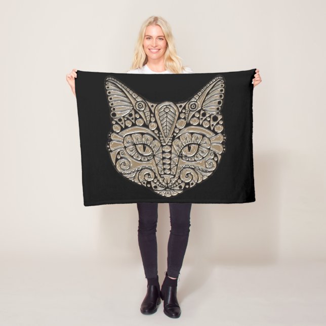 Art deco gold and black Egyptian style cat Fleece Blanket (In Situ)