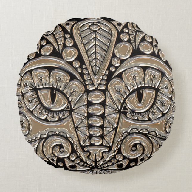 Art deco gold and black Egyptian style cat Round Pillow (Front)