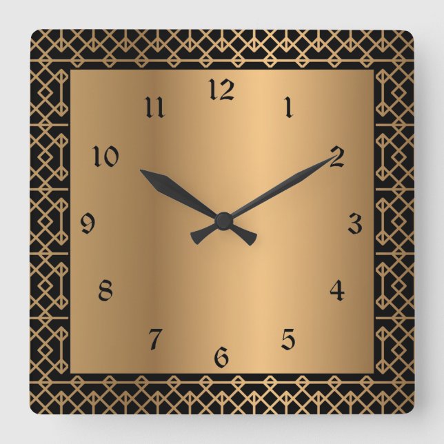 Art Deco Gold and Black Enchantment Square Wall Clock (Front)