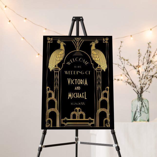 Art Deco Gold and Black Peacock Wedding Poster (In Situ (Stand))