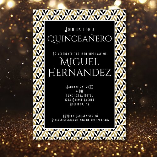 Art Deco Gold And Black Quinceaero 15th Birthday Invitation