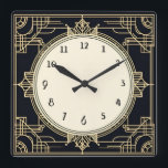 Art Deco Gold and Black Square Frame Wall Clock<br><div class="desc">art deco clock, art nouveau clock, gold and black, 1920s square, stylish sophisticated 1920 style, retro vintage antique, old fashioned fancy, faux golden line art, simple minimalist square clock, minimal elegant pattern design</div>