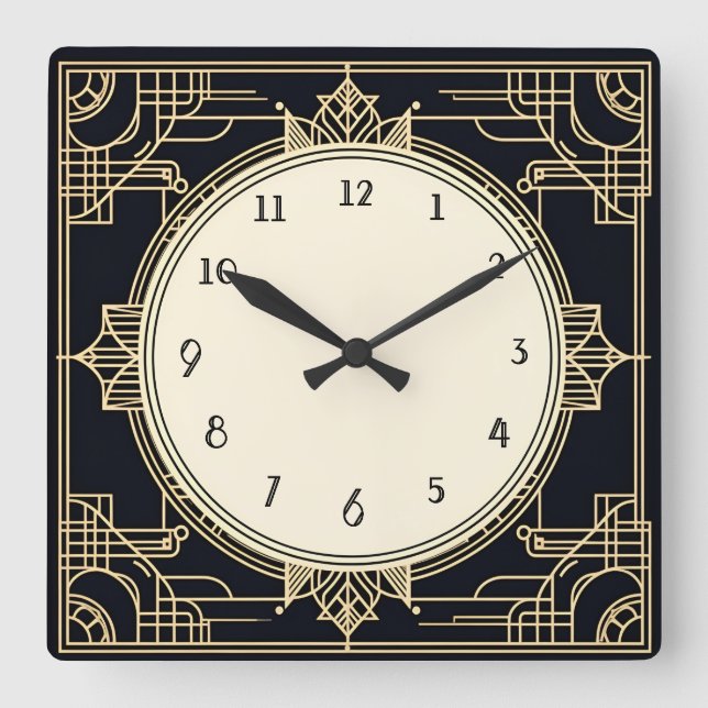 Art Deco Gold and Black Square Frame Wall Clock (Front)