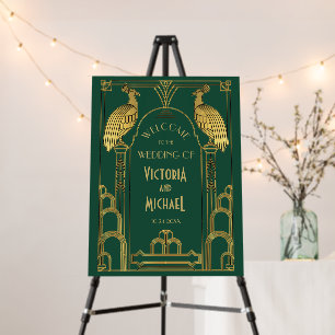Art Deco Gold and Green Peacock Wedding Poster
