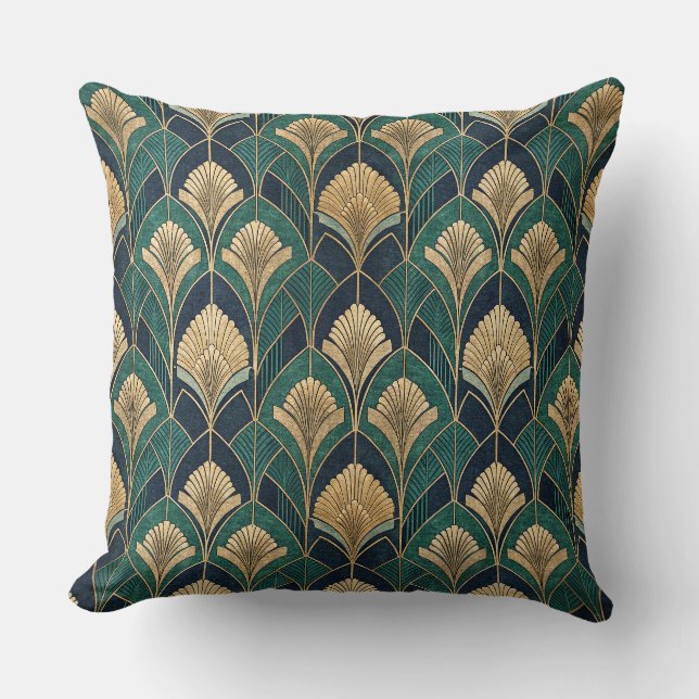 Art Deco Gold and Teal Geometric Abstract Pattern Throw Pillow (Front)