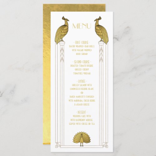Art Deco Gold and White Peacock Wedding menu card