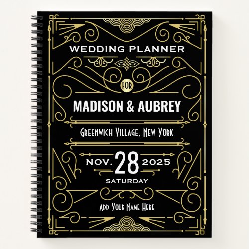 Art Deco Gold Black 1920s Elegant Wedding Planner Notebook