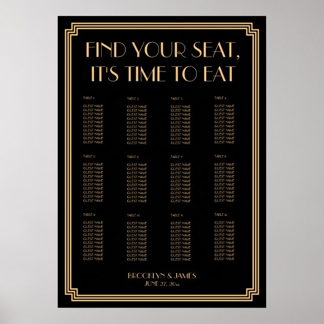 Art Deco Gold Black 20x28 Wedding Seating Chart (Front)
