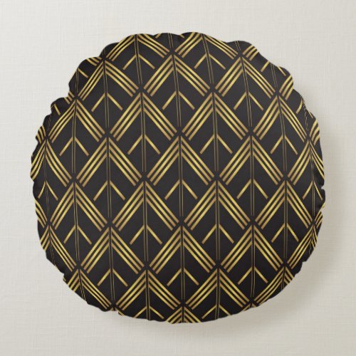 Art Deco Gold Black Arrow Pattern Round Pillow