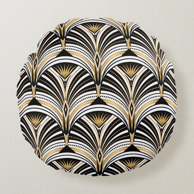 Art Deco Gold Black Elegance: Roaring Twenties Round Pillow (Front)