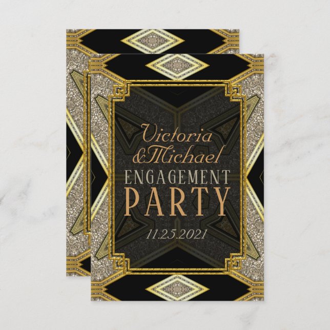 Art Deco Gold Black Engagement Invitation (Front/Back)
