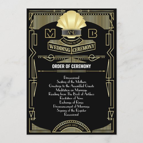 Art Deco Gold Black Entourage Order of Ceremony Program