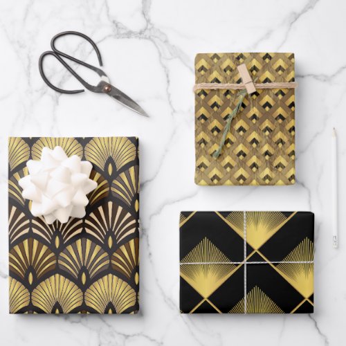 Art Deco Gold Black Geometric Luxury Pattern Wrapping Paper Sheets