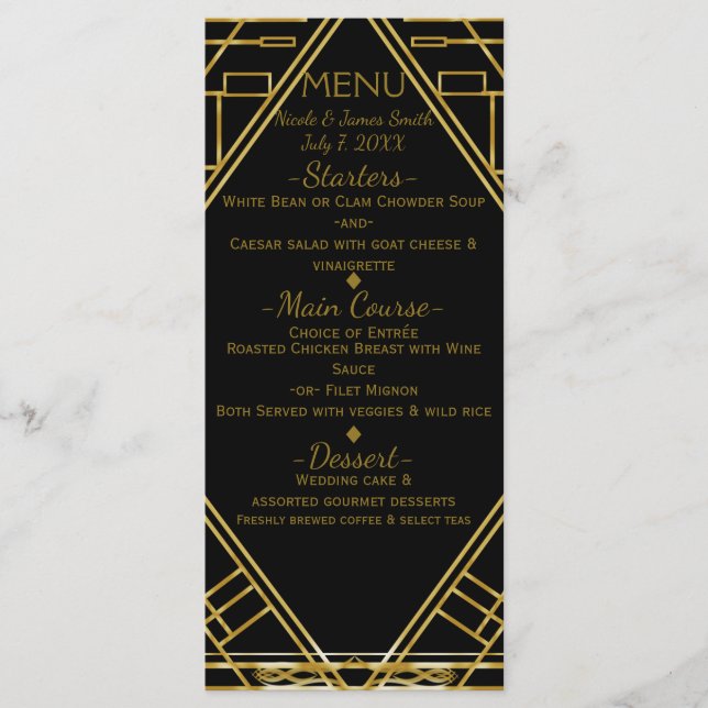 Art Deco Gold & Black Glamour Wedding Menu Card (Front)