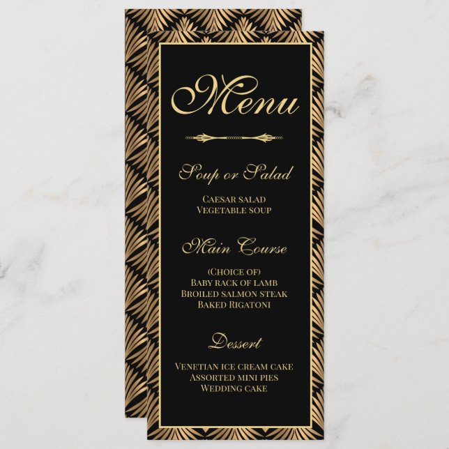 Art Deco Gold Black Great Gatsby Wedding Menu Invitation (Front/Back)
