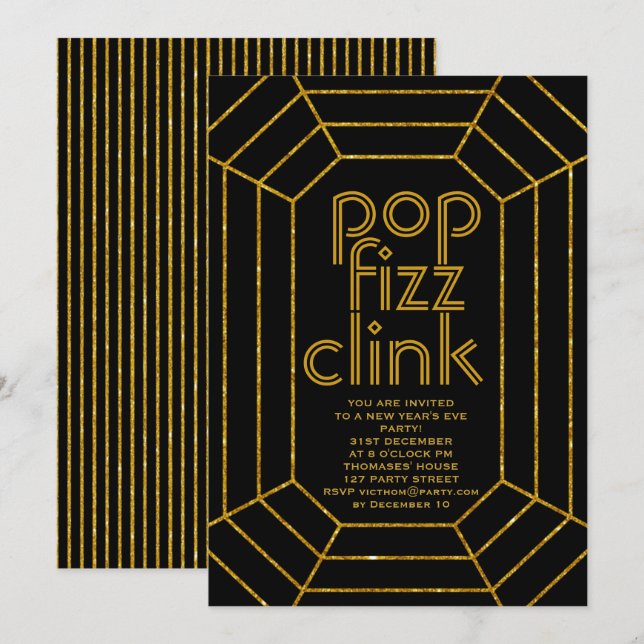 Art Deco gold black pop fizz clink New Year party Invitation (Front/Back)