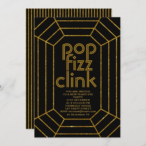 Art Deco gold black pop fizz clink New Year party Invitation