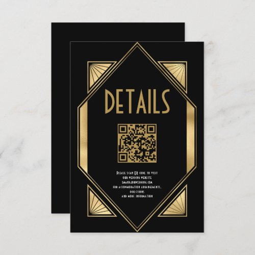 Art Deco Gold Black QR Code Wedding Details Enclosure Card